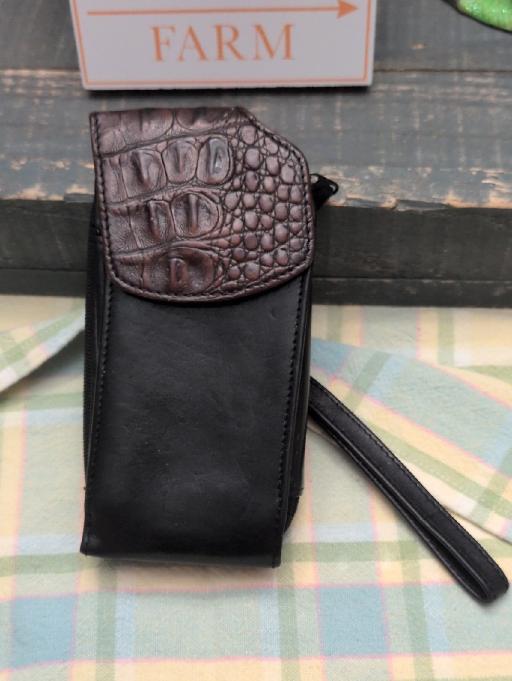 Brahmin Black Leather Wristlet Phone Case with Snap Closure